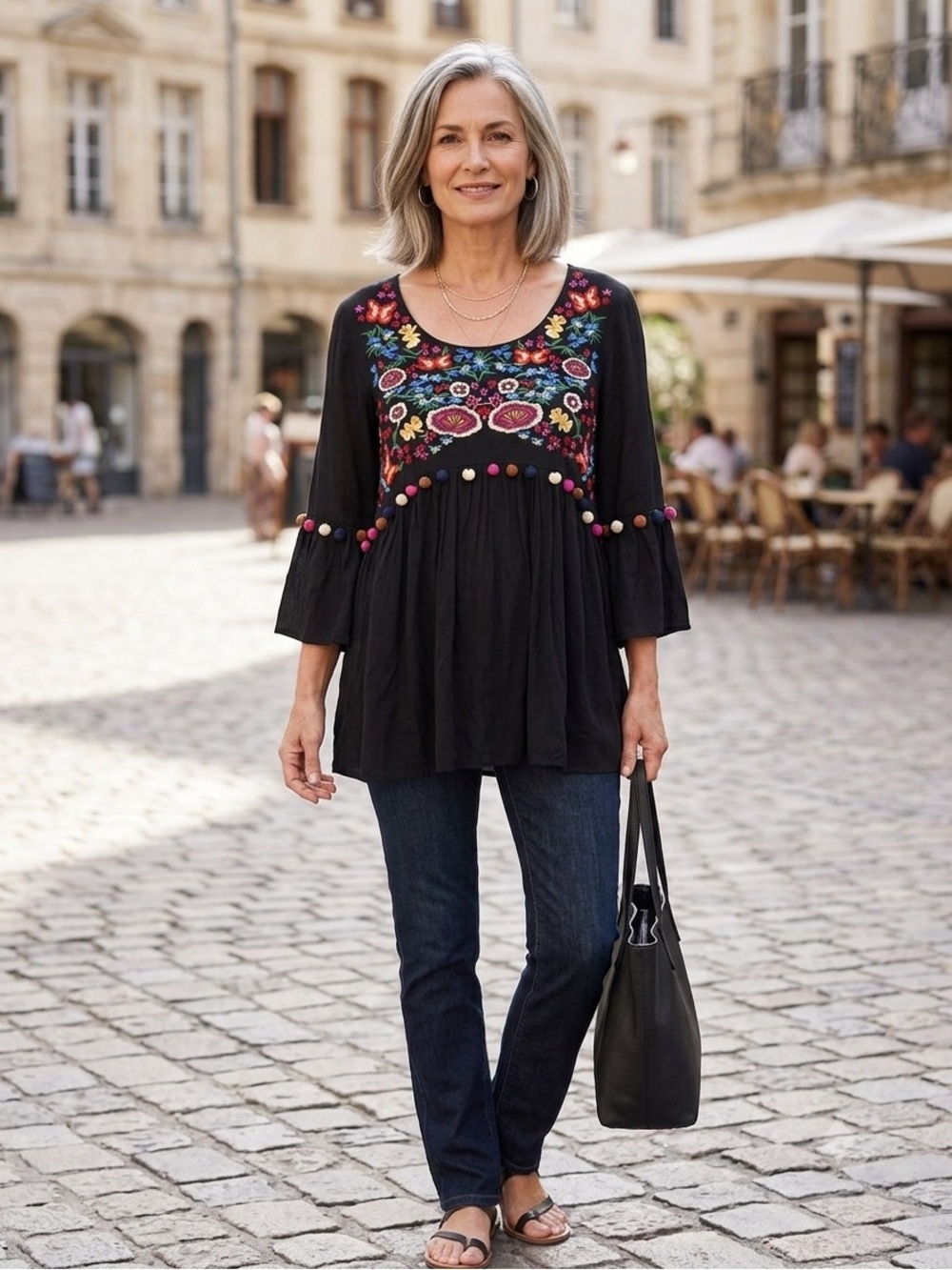 JODIFL Black Tunic with Bright Floral Embroidery and Pom Trim, Size Large